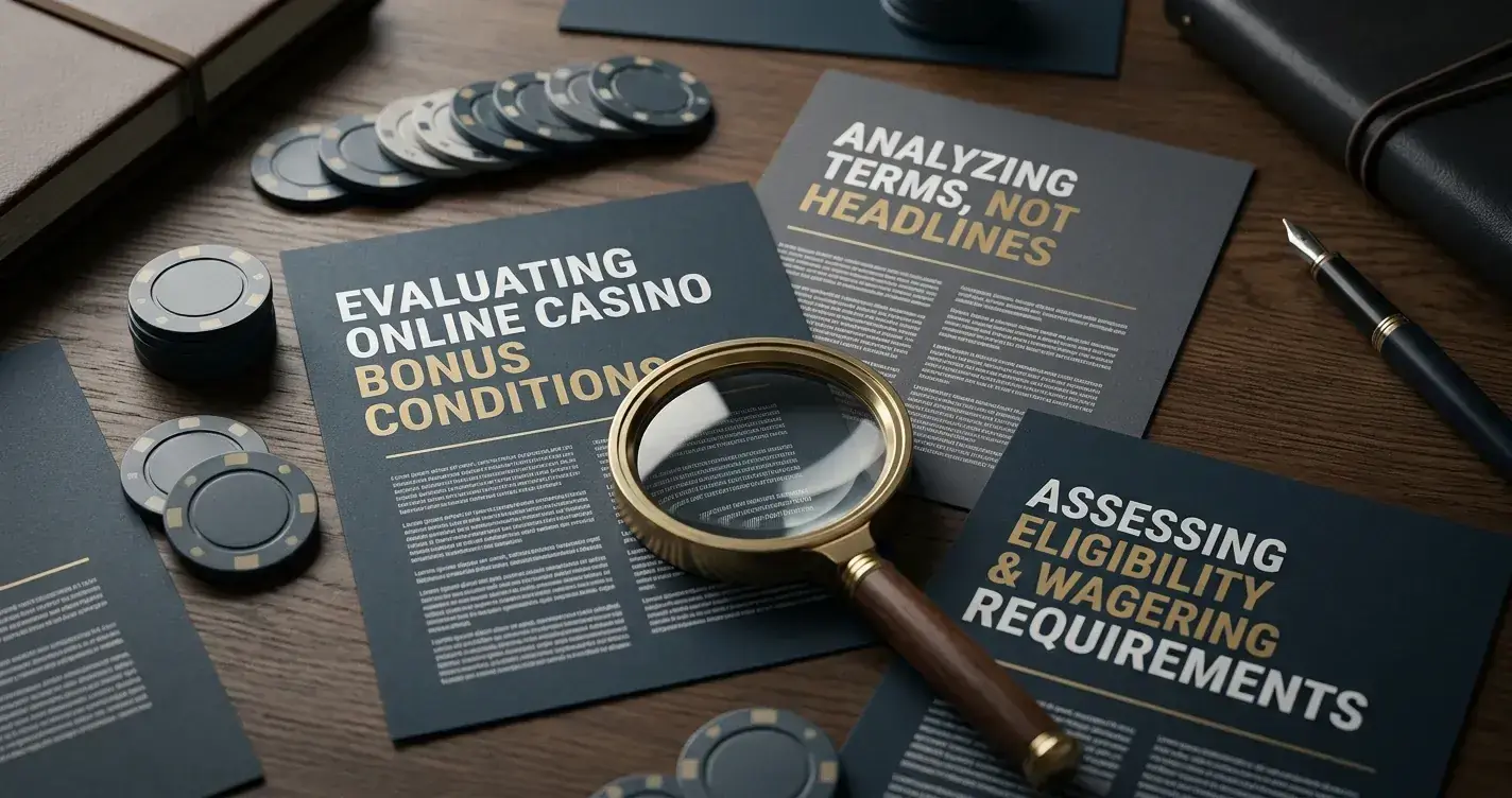 Abstract editorial illustration representing casino bonus terms and eligibility checks