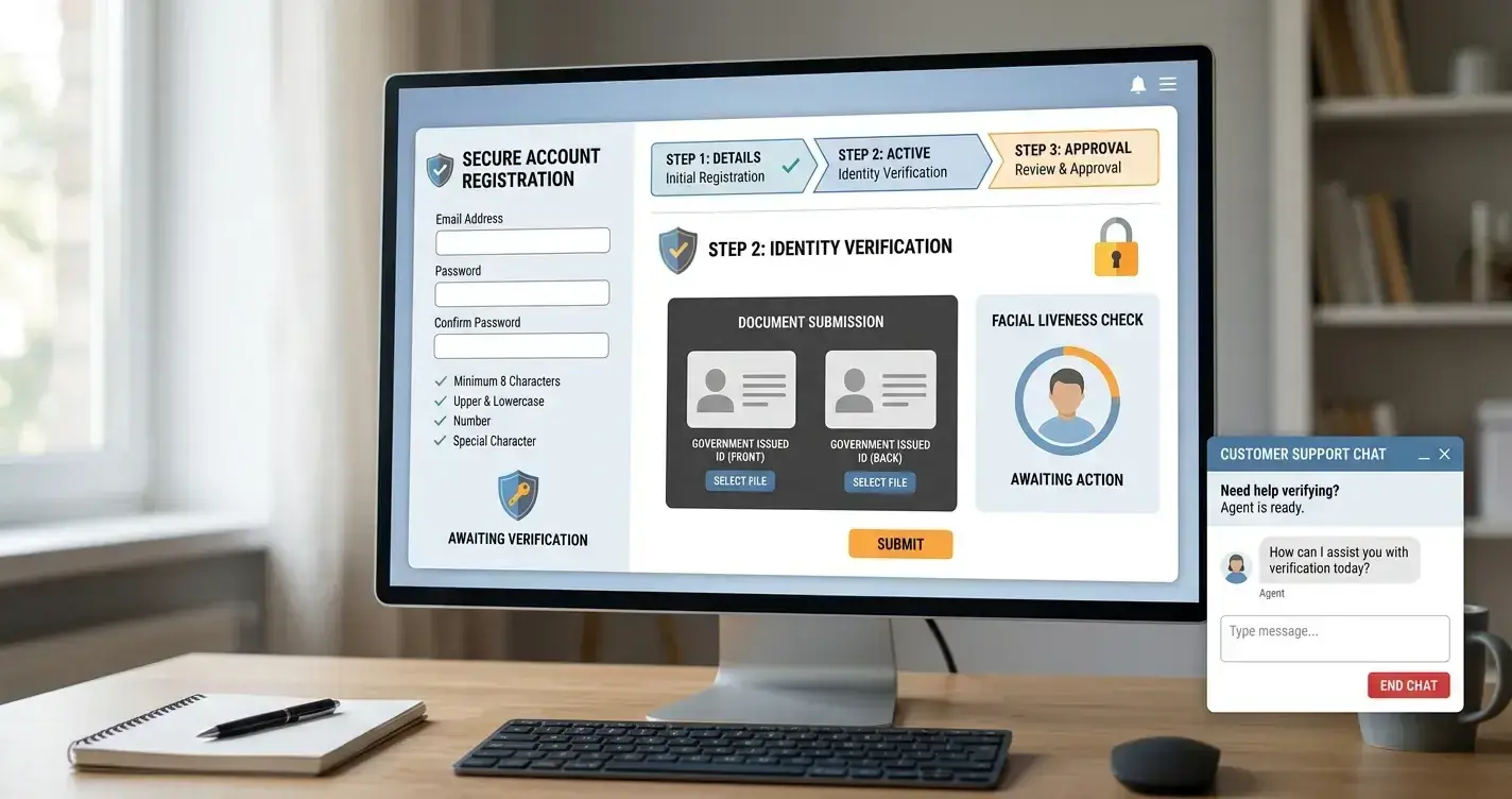 Editorial illustration of generic identity verification and withdrawal checks