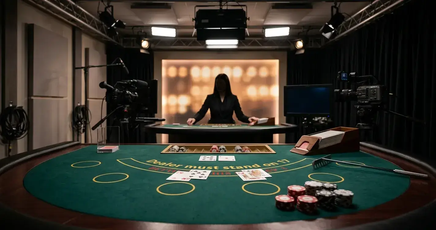 Editorial illustration of a generic live casino studio with dealer table and streaming equipment