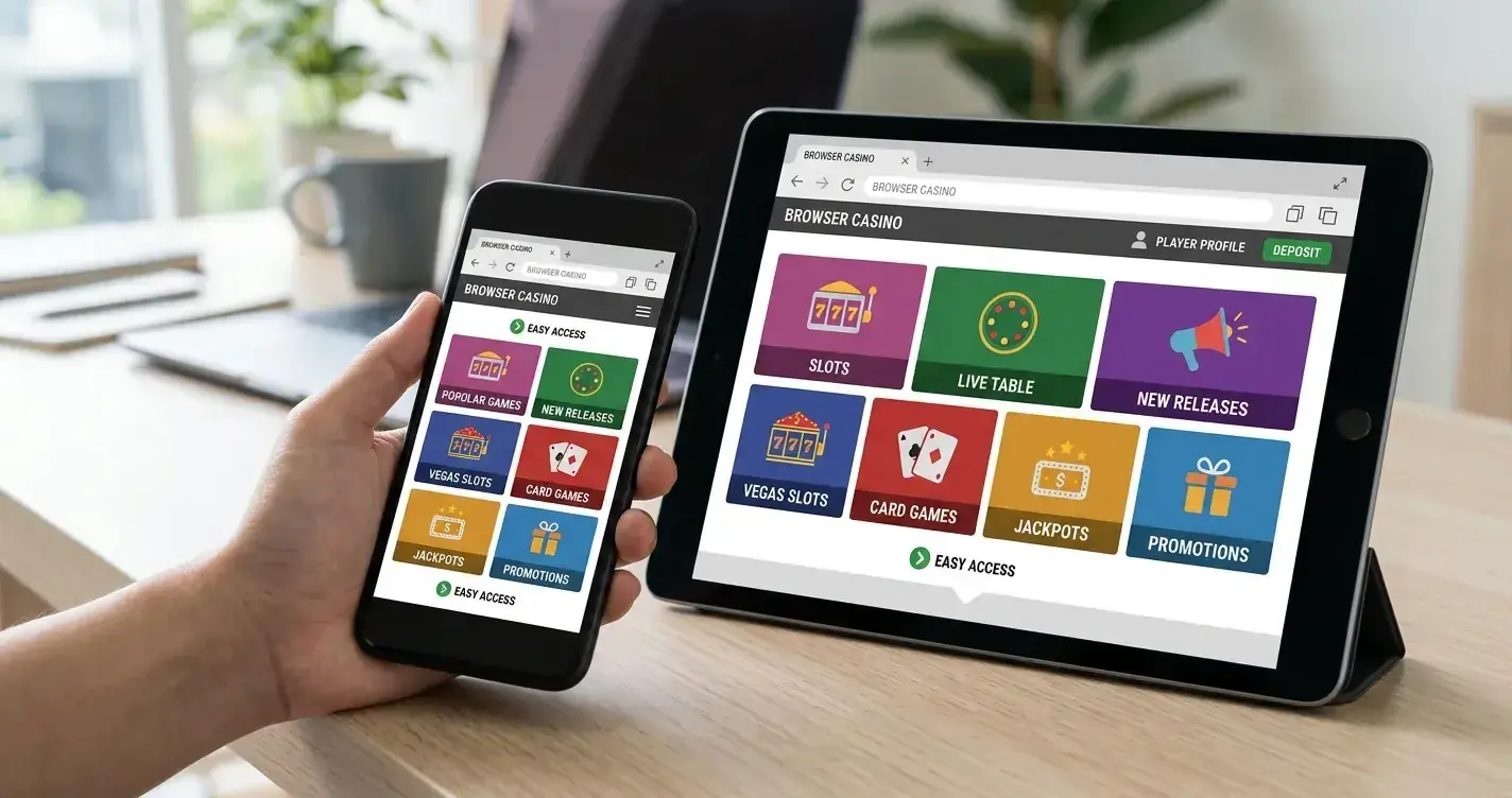 Editorial illustration of generic mobile-browser casino access on a phone and tablet