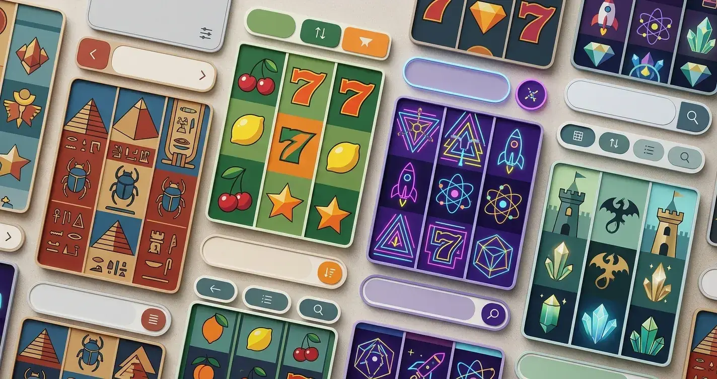 Editorial illustration of abstract slot panels representing a multi-provider game catalogue