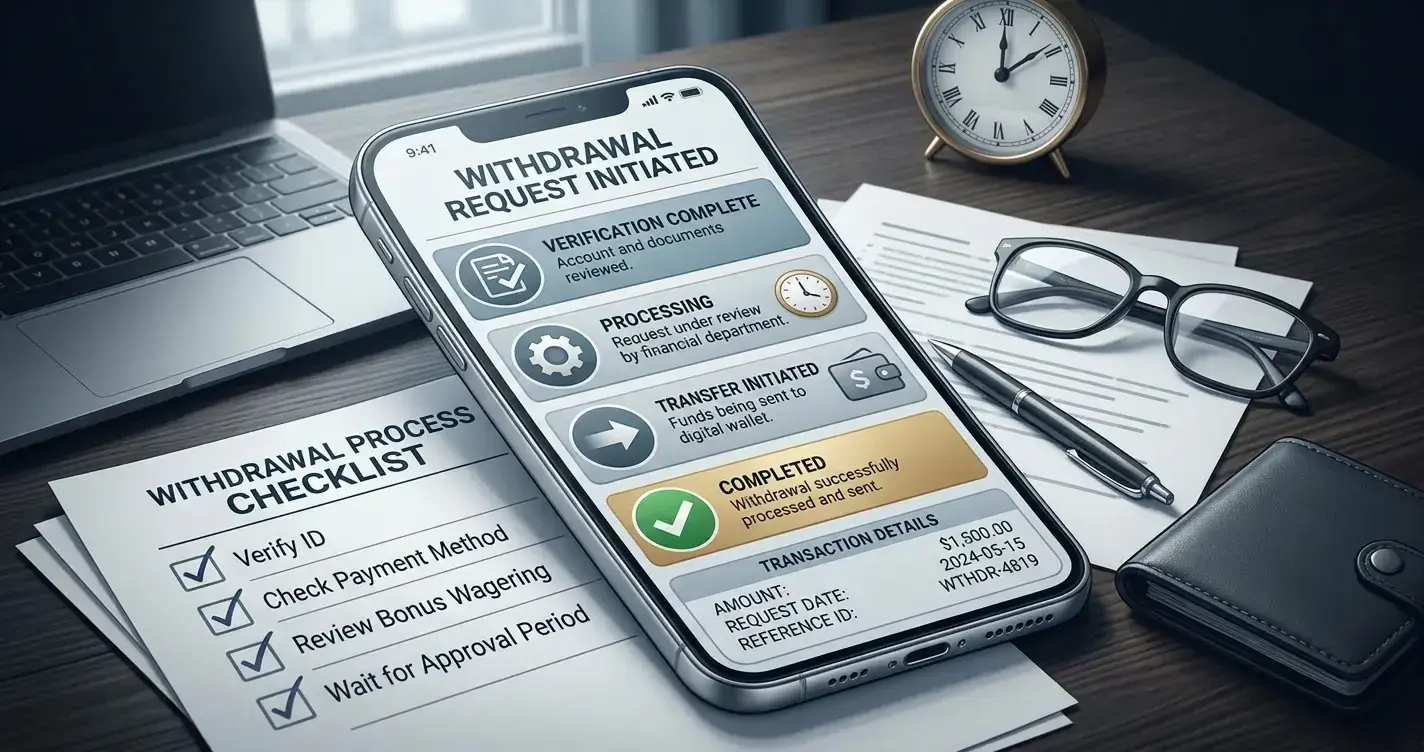 Editorial illustration of a generic online casino withdrawal and verification process