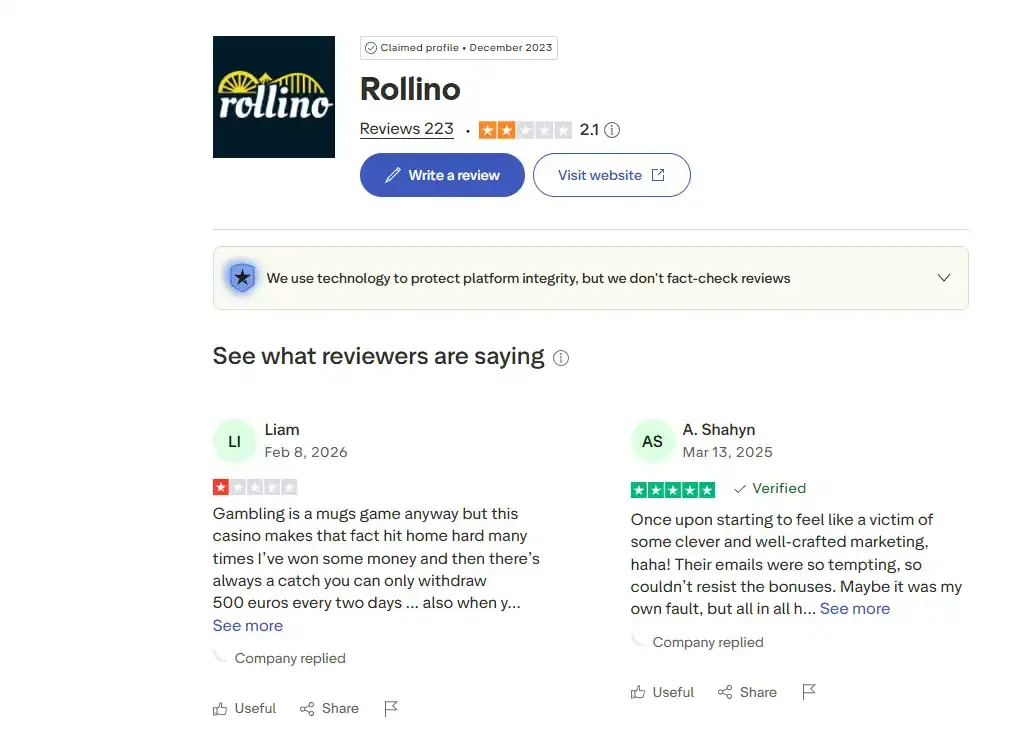 Current independent Rollino reputation summary from a cited review platform