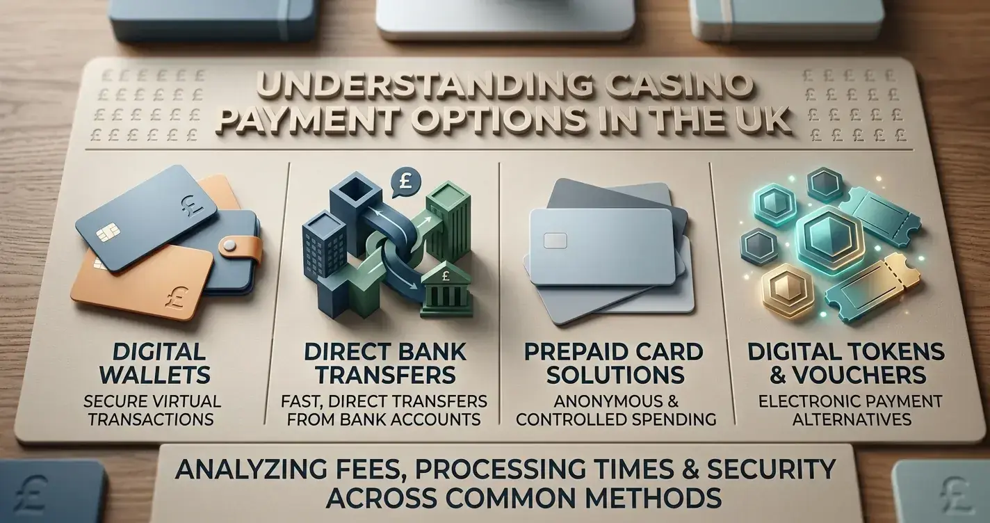 Editorial illustration of generic UK casino payment methods including cards, wallets, bank and crypto